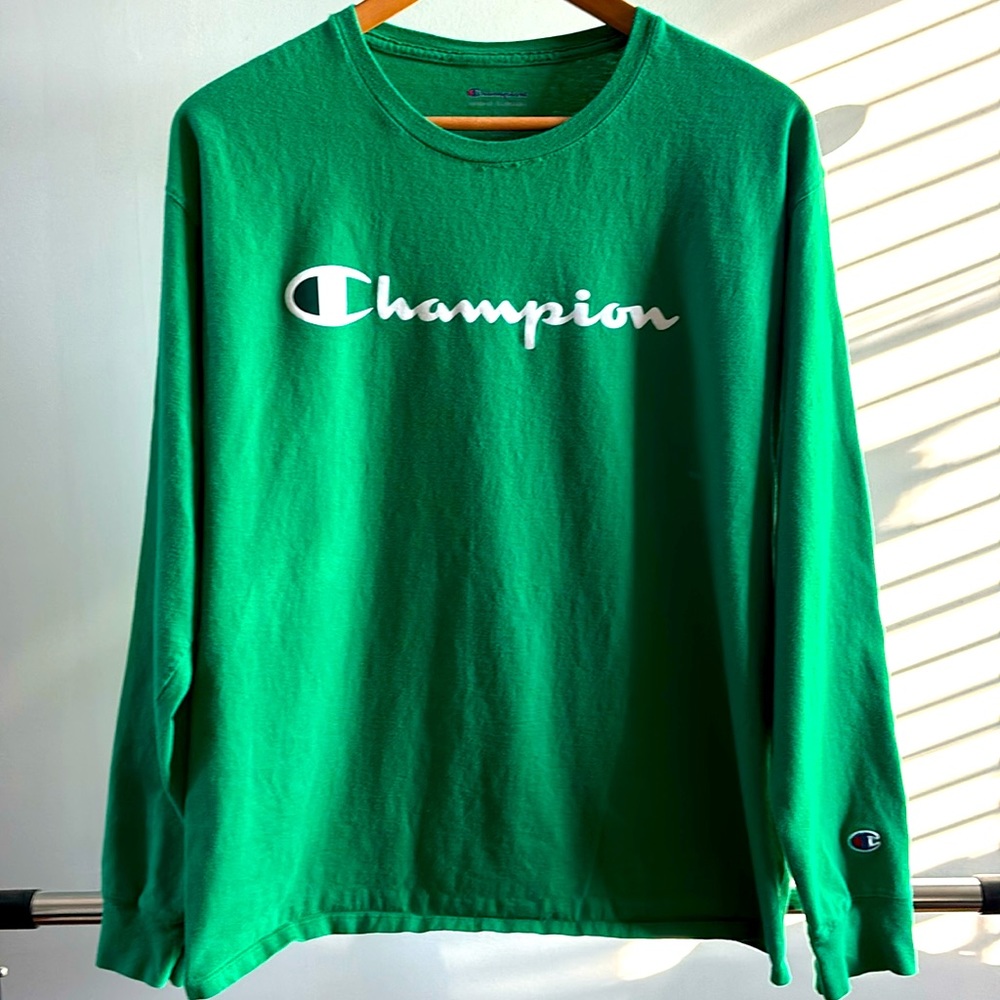 Champion Green Long Sleeve Logo Tee with White Script